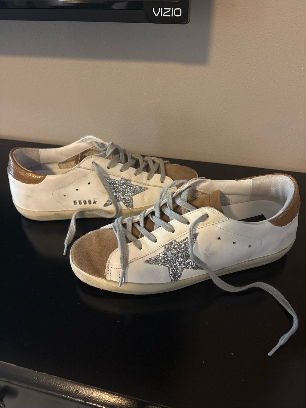 Golden Goose White Sneakers with Brown Suede and Silver Glitter Star